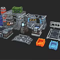 Sci Fi Themed 3D Modular Components With Barrels Crates And Colored Chairs 3d model