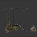 Ancient Wooden Water Vessel Wreckage With Broken Structure And Debris