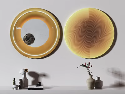 Yellow Round Frame Paintings With Moon Pattern And Striped Texture On White Wall 3d model