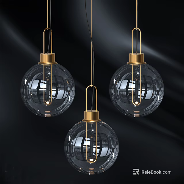 Modern Pendant Lights With Gold Base And Transparent Glass Shades Three Hanging In Black Background 3d model 