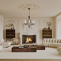 Elegant Living Room With Fireplace Mantel Chandelier White Sofas And Wooden Coffee Table