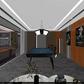 Modern Billiard Room Interior With Pool Table Decorative Paintings And Hanging Lights 3d model