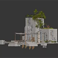Modern Architectural Model Featuring Terrace Greenery Stone Column And Platform