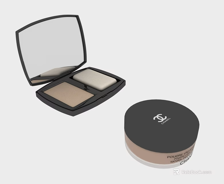 Premium Cosmetic Makeup Products With Open Eyeshadow Palette Mirror And Round Powder Case 3d model 