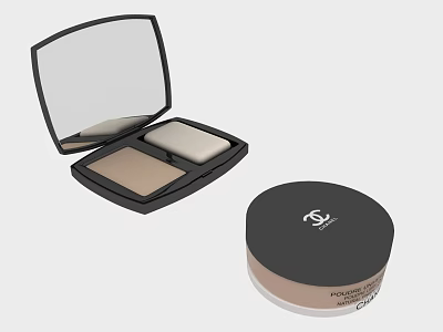 Premium Cosmetic Makeup Products With Open Eyeshadow Palette Mirror And Round Powder Case 3d model