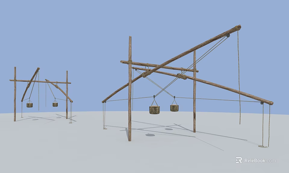 Outdoor Ancient Wooden Lever Device With Hanging Baskets And Cross Poles 3d model 