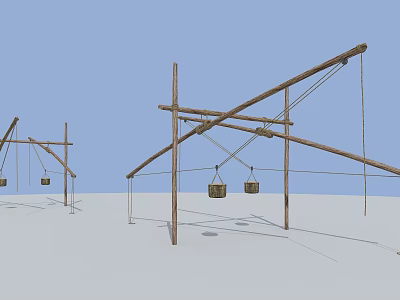 Outdoor Ancient Wooden Lever Device With Hanging Baskets And Cross Poles 3d model