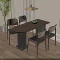 Modern Wooden Dining Table Set with Rectangular Top Wicker Back Chairs Lamp and Potted Plant