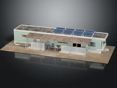 Small House Model with Solar Panels on Light Green Roof and White Fence Porch 3d model