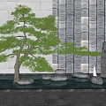 Zen Garden Ornament Featuring a Pine Tree Textured Stone Wall Stacked Stones and Water Feature