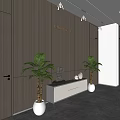 Modern Office Hallway Interior Design With White Grid Wall Gray Floor And Recessed Lighting