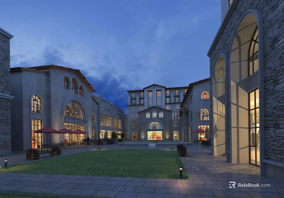 European Style Commercial Street Evening View with Arches Buildings Lawn Stone Pavement and Warm Lighting 3d model 