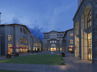 European Style Commercial Street Evening View with Arches Buildings Lawn Stone Pavement and Warm Lighting 3d model