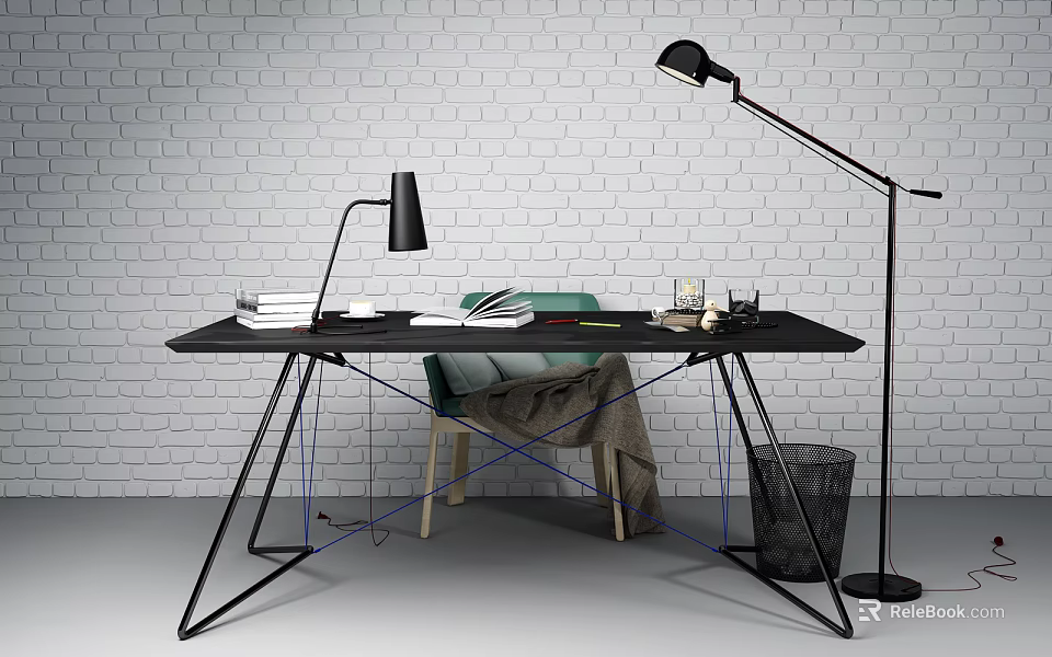 Modern Black Desk Setup With Books Notebook Table Lamp Green Chair And White Brick Wall 3d model 