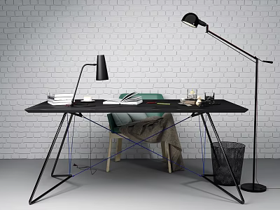 Modern Black Desk Setup With Books Notebook Table Lamp Green Chair And White Brick Wall 3d model