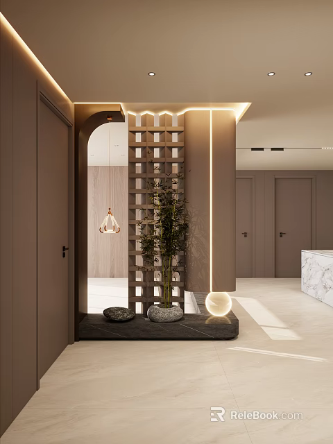 Modern Entryway Hallway Interior With Wooden Lattice Partition Potted Plant Soft Lighting And Decorative Ornaments 3d model 