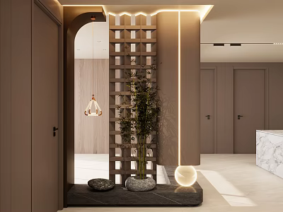 Modern Entryway Hallway Interior With Wooden Lattice Partition Potted Plant Soft Lighting And Decorative Ornaments 3d model