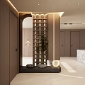 Modern Entryway Hallway Interior With Wooden Lattice Partition Potted Plant Soft Lighting And Decorative Ornaments