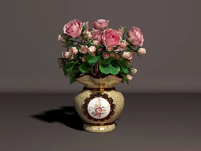 Pink Roses in Ornate Ceramic Vase with Gold Trim Circular Pattern and Green Leaves 3d model