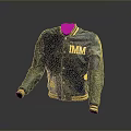 Stylish Dark Blue Jacket With Yellow IMM Lettering Leather Sleeves And Striped Trim