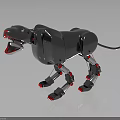 Metallic Black Robot Dog with Red Accents on Leg Joints Mouth and Dynamic Pose