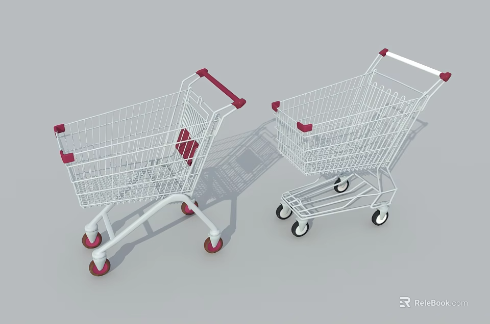 Public Facilities Shopping Carts With White Frames Red Handles And Red Wheels 3d model 