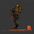 Orange Mechanical Robot Character With Black White Details Platform Traffic Cone And Tools