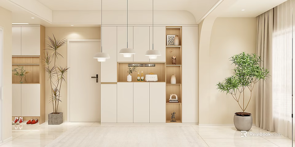 Modern Dining and Living Room Interior With White Cabinets Pendant Lights Shelves and Plants 3d model 