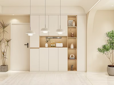 Modern Dining and Living Room Interior With White Cabinets Pendant Lights Shelves and Plants 3d model