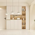 Modern Dining and Living Room Interior With White Cabinets Pendant Lights Shelves and Plants