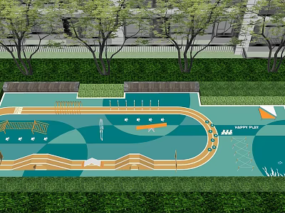 Outdoor Playground Design Featuring Green Lawn Blue Activity Area And Yellow Tracks 3d model