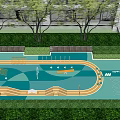 Outdoor Playground Design Featuring Green Lawn Blue Activity Area And Yellow Tracks