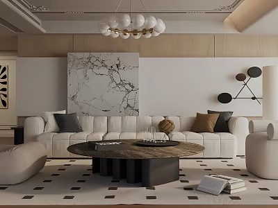 Modern Living Room Interior With White Sofa Marble Art Chandelier And Coffee Table 3d model