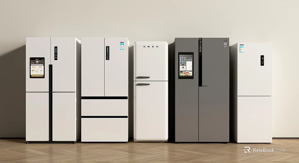 Modern Refrigerators in Various Designs White Gray with Digital Display Features 3d model 