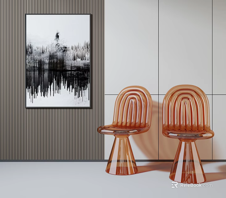 Modern Transparent Dining Chairs With Black And White Wall Art And Striped Wall 3d model 