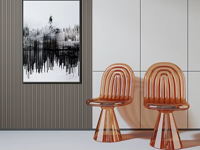 Modern Transparent Dining Chairs With Black And White Wall Art And Striped Wall 3d model