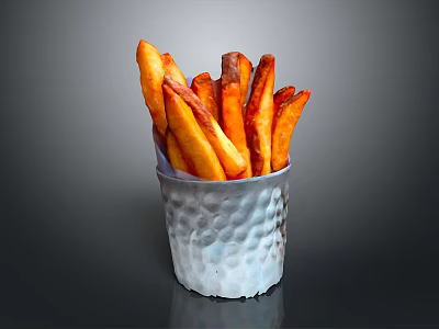 Golden Brown Crispy Fries Served In Hammered Metallic Cup On Dark Background 3d model