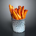 Golden Brown Crispy Fries Served In Hammered Metallic Cup On Dark Background