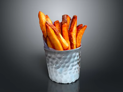 Golden Brown Crispy Fries Served In Hammered Metallic Cup On Dark Background 3d model