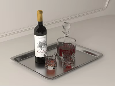 Elegant Wine Bottle Decanter And Glasses On Stainless Steel Serving Tray 3d model