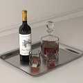 Elegant Wine Bottle Decanter And Glasses On Stainless Steel Serving Tray