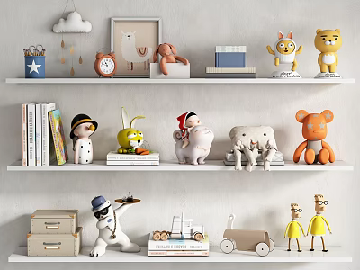 Assorted Decorative Ornament Combination On White Shelves With Stuffed Toys Books Cloud Decor And Clock 3d model