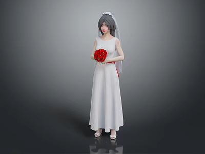 Woman in White Wedding Dress with Veil Holding Red Bouquet on Gray Background 3d model