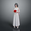 Woman in White Wedding Dress with Veil Holding Red Bouquet on Gray Background