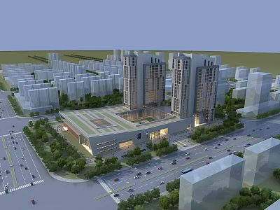 Modern Urban Commercial Complex With High rise Towers And Central Green Plaza 3d model
