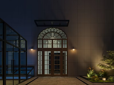 Nighttime Garden Landscape At Building Entrance With Arched Glass Door Wall Lamps And Greenery 3d model