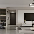 Modern Living and Dining Room Interior With Circular Pendant Light Sofa Artwork and Open Layout