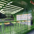 Green Arched Storefront with Red Xiyuan Tea Lettering Interior Tables and Modern Urban Background