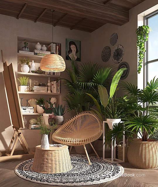 Rattan Leisure Chair In Cozy Indoor Space With Green Plants And Decor 3d model 
