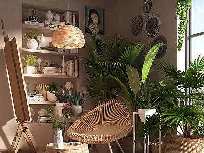 Rattan Leisure Chair In Cozy Indoor Space With Green Plants And Decor 3d model